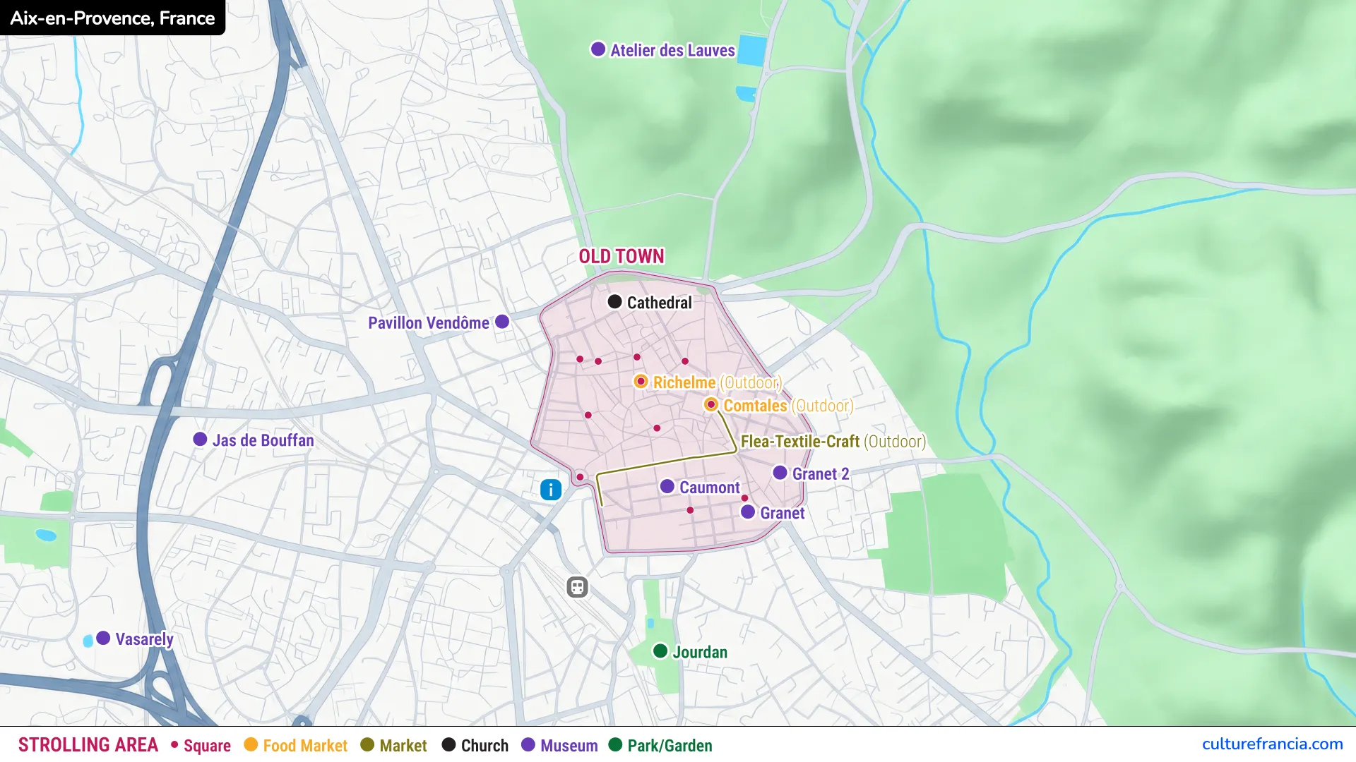aix-en-provence tourist map showing a pink shaded walking area labeled "old town" in the center of aix-en-provence france with surrounding streets green parkland to the east and markers for museums markets a church and gardens. visible text includes "aix-en-provence france" "atelier des lauves" "old town" "cathedral" "pavillon vendôme" "jas de bouffan" "vasarely" "richelme outdoor" "comtales outdoor" "flea textile craft outdoor" "caumont" "granet 2" "granet" "jourdan" "strolling area" "square" "food market" "market" "church" "museum" "park garden"