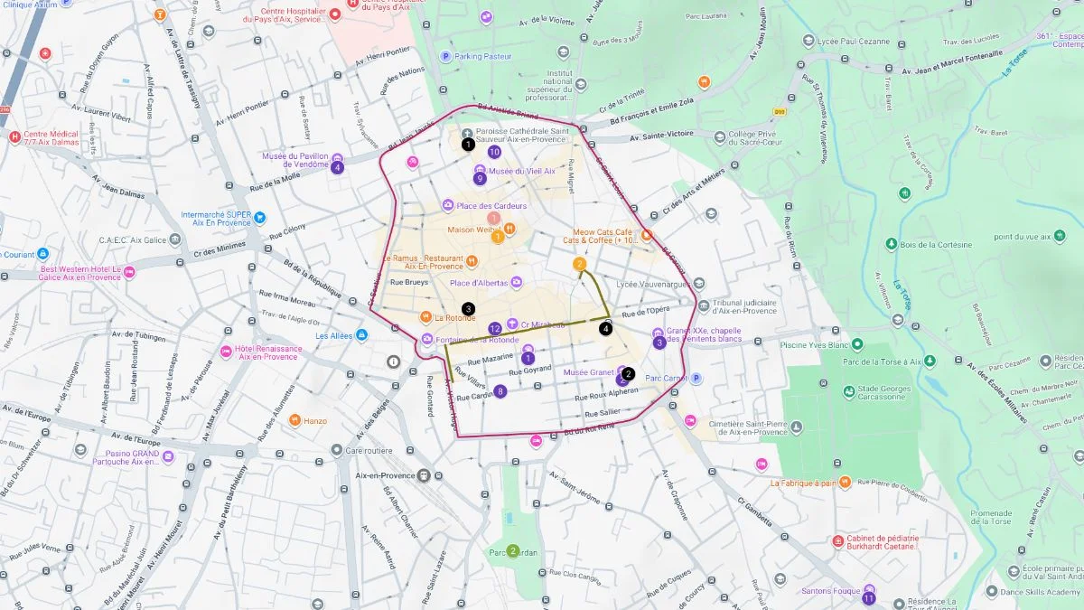 Aix en Provence tourist map showing a walking route looping through the historic city center with numbered stops near landmarks like Place des Cardeurs and Musée du Vieil Aix.