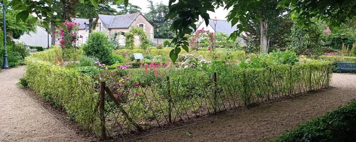 A lush garden in Montreuil-Bellay with well-tended flower beds, greenery, and pathways, surrounded by charming buildings.