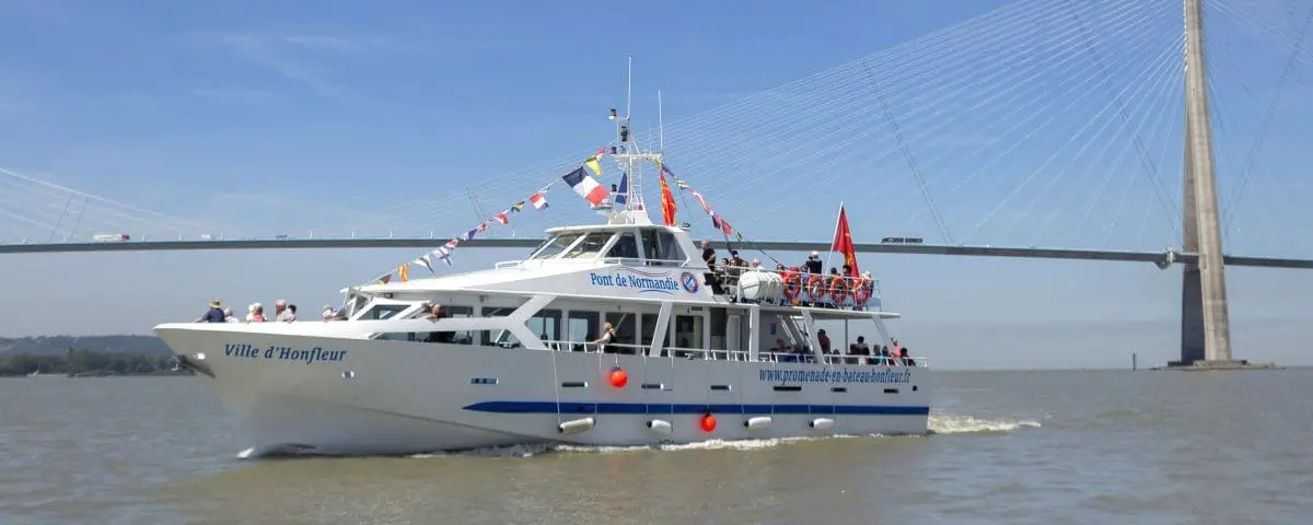 A white boat on a tour, with passengers enjoying the ride. The boat is decorated with flags and is cruising under the Pont de Normandie bridge on a clear day.