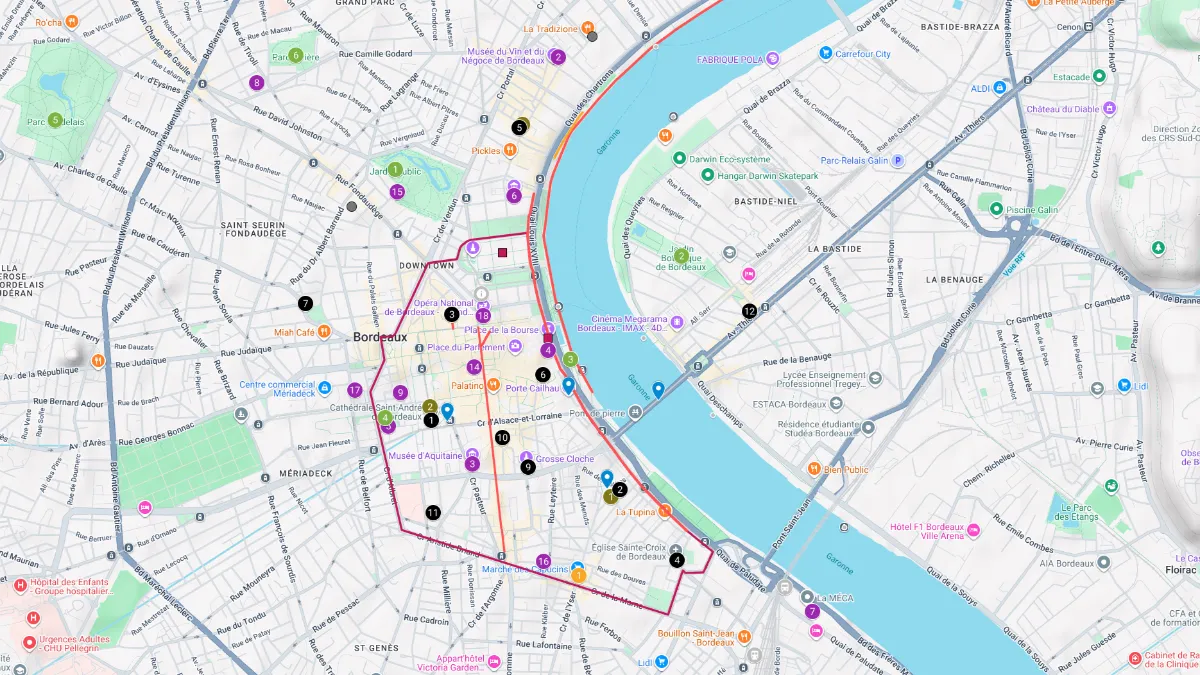 Tourist map of central Bordeaux showing a walking route through the historic city center and along the Garonne River. Points of interest mark major attractions including Place de la Bourse, Bordeaux Cathedral, Musée d’Aquitaine, Grand Théâtre, Grosse Cloche, and the riverfront, helping visitors plan a sightseeing route through Bordeaux.