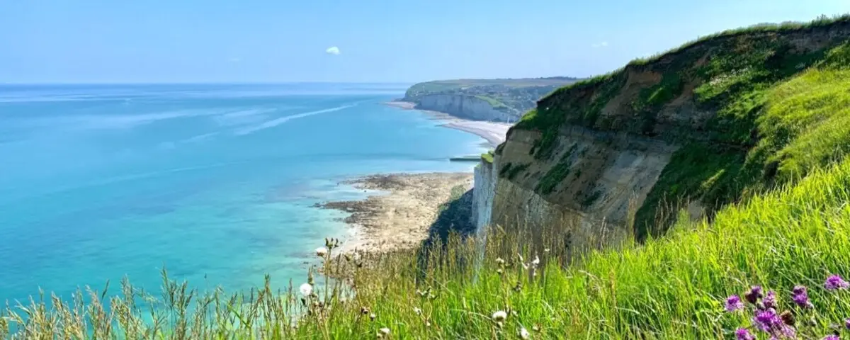 A scenic view of the Criel-sur-Mer cliffs showing lush green grass atop steep cliffs overlooking a calm, turquoise sea on a clear, sunny day.