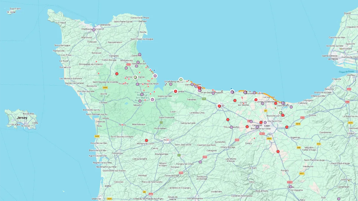 Normandy D Day sites map showing the coastline of Normandy from the Cotentin Peninsula to Caen with dots marking beaches museums memorials and other historic stops. The map helps readers see that many sites cluster along the landing beaches and nearby coastal towns with additional locations spread farther inland.