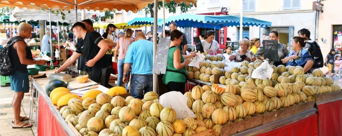 A bustling outdoor market with vendors selling a variety of melons and other produce, and shoppers browsing the stalls under awnings.