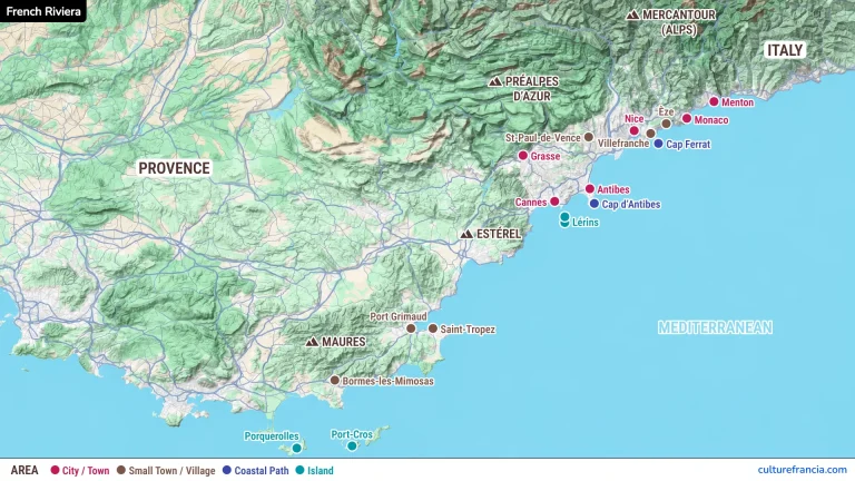 French Riviera tourist map showing the Mediterranean coastline from Bormes les Mimosas and the Hyères islands east through Saint Tropez Cannes Nice Monaco Menton and the Italian border with mountain ranges coastal towns islands and routes marked.