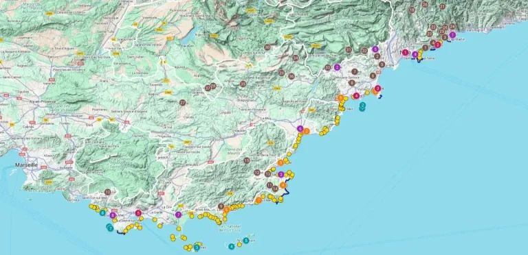Interactive travel map of the French Riviera and surrounding inland areas, showing labeled points of interest categorized into various layers including beaches, seaside resorts, islands, villages, towns, cities, mountain ranges, coastal paths, roads and top sights. Color-coded numbered icons mark various coastal and inland destinations.