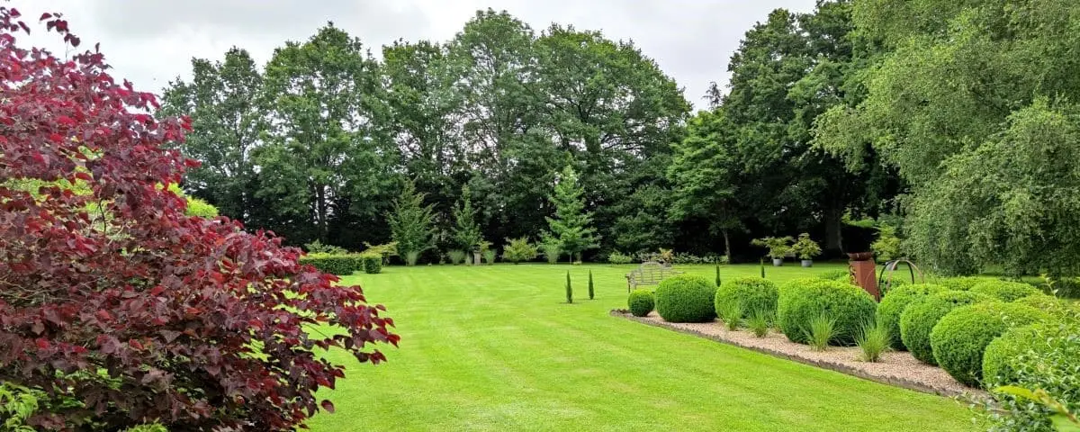 A beautifully manicured garden with a lush green lawn, neatly trimmed bushes, and a variety of flowering plants. The garden is framed by tall trees, providing a serene and picturesque setting.