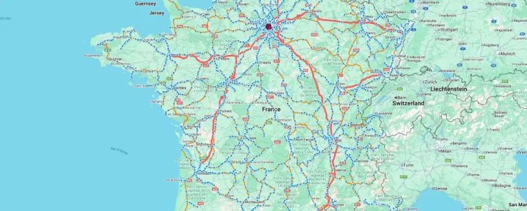 This image is a detailed train map of France and surrounding regions, showing major and regional train routes. High-speed TGV lines are highlighted in red, regional lines in orange and blue, with major hubs like Paris (marked with a red dot) serving as a central connection point.