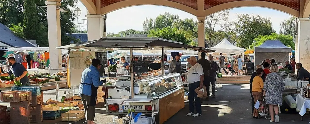 Busy scene at the Langeais food market with vendors selling fresh produce and local goods under a covered pavilion, and customers browsing the stalls.