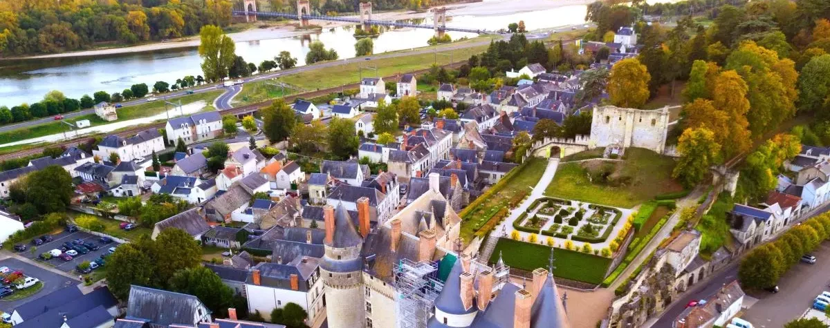 Scenic aerial view of Langeais town with a historic castle, manicured gardens, and residential houses near a river, framed by lush trees.