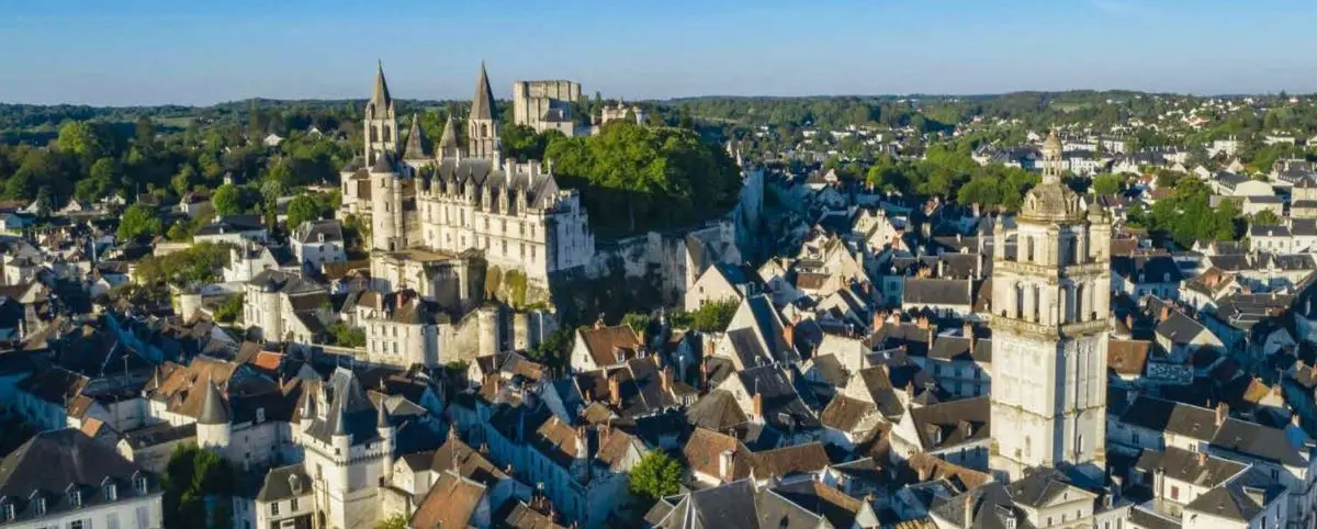 Aerial view of Loches town featuring a medieval castle with twin spires, surrounded by densely packed traditional houses and green spaces.