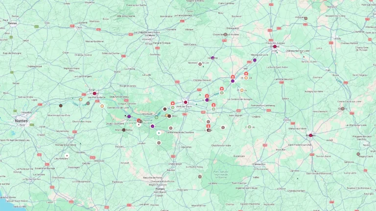 Detailed Loire Valley tourist map showing western and central France with location pins clustered around Tours Blois Amboise and other towns along the Loire River. Major cities roads and place names are labeled so readers can understand where destinations are spread across the Loire Valley.