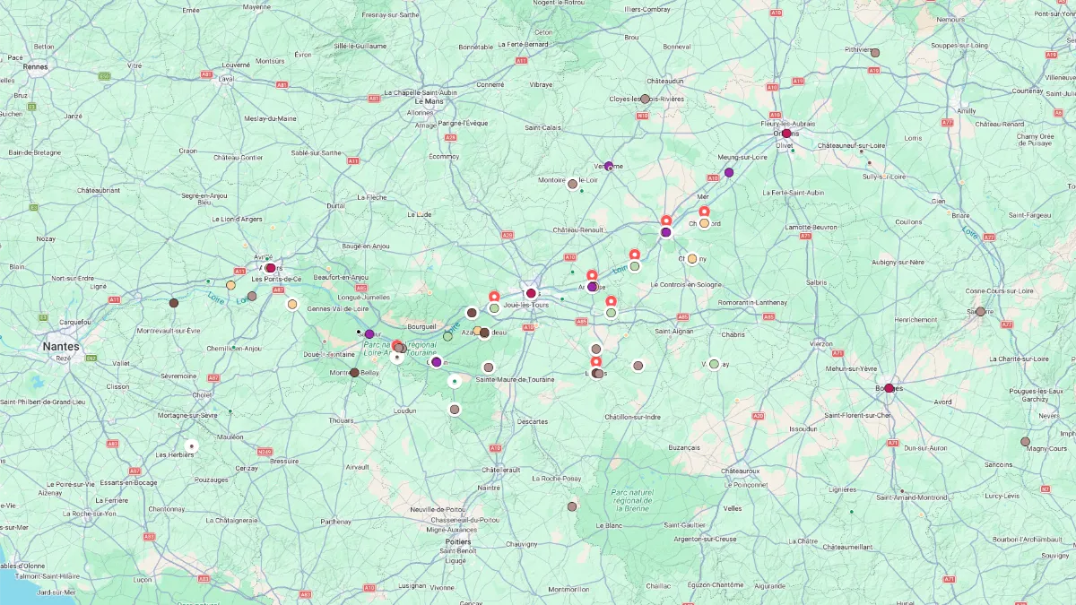 Detailed Loire Valley tourist map showing western and central France with location pins clustered around Tours Blois Amboise and other towns along the Loire River. Major cities roads and place names are labeled so readers can understand where destinations are spread across the Loire Valley.