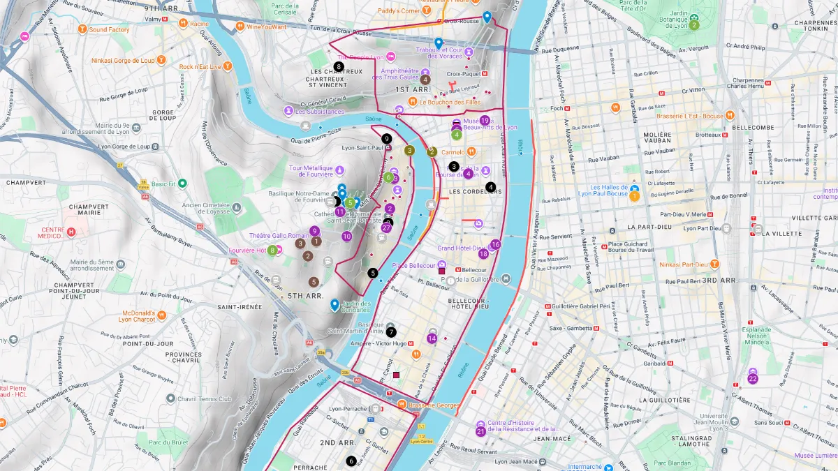 Detailed Lyon tourist map showing central neighborhoods, rivers, metro lines, and numbered attractions across the Presqu’île, Vieux Lyon, Croix Rousse, and Part Dieu districts. Colored walking and transit routes trace popular sightseeing areas, making the lyon tourist map useful for navigating major landmarks and visitor destinations in the city.