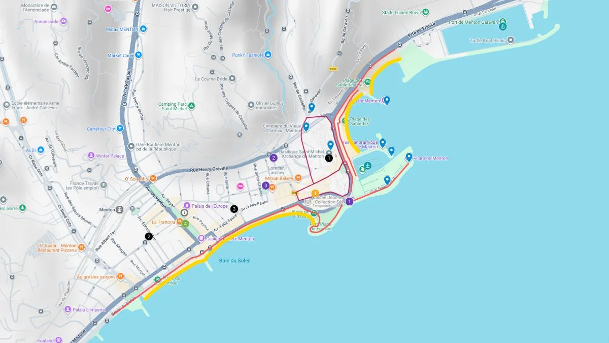Menton tourist map displaying a walking route through the old town and along the seafront with stops near beaches, gardens, and historic buildings.