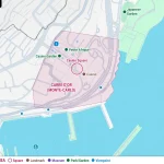 monaco monte carlo tourist map showing the pink highlighted carré d’or district beside the mediterranean with casino square and nearby gardens marked. map text reads "carré d’or monte carlo monaco" "japanese garden" "petite afrique" "casino garden" "casino square" "casino" "carré d’or monte carlo" "mediterranean" "prince’s car collection" "monaco border" "strolling area" "square" "landmark" "museum" "park garden" "viewpoint"
