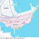 monaco city old town tourist map showing the pink highlighted historic peninsula between condamine and fontvieille with palace square and major sights marked. map text reads "old town monaco" "condamine" "prince’s palace" "palace square" "old town" "cathedral" "oceanographic" "saint martin" "fontvieille" "mediterranean" "area" "strolling area" "square" "landmark" "church" "museum" "park garden" "viewpoint"