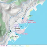 monaco tourist map showing the principality along the mediterranean with pink highlighted strolling areas in old town and carré d’or. map text reads "monaco" "larvotto" "japanese garden" "carré d’or monte carlo" "prince’s car collection" "condamine" "exotic garden" "old town" "fontvieille" "mediterranean" "monaco border" "area" "strolling area" "museum" "park garden" "viewpoint" "beach"