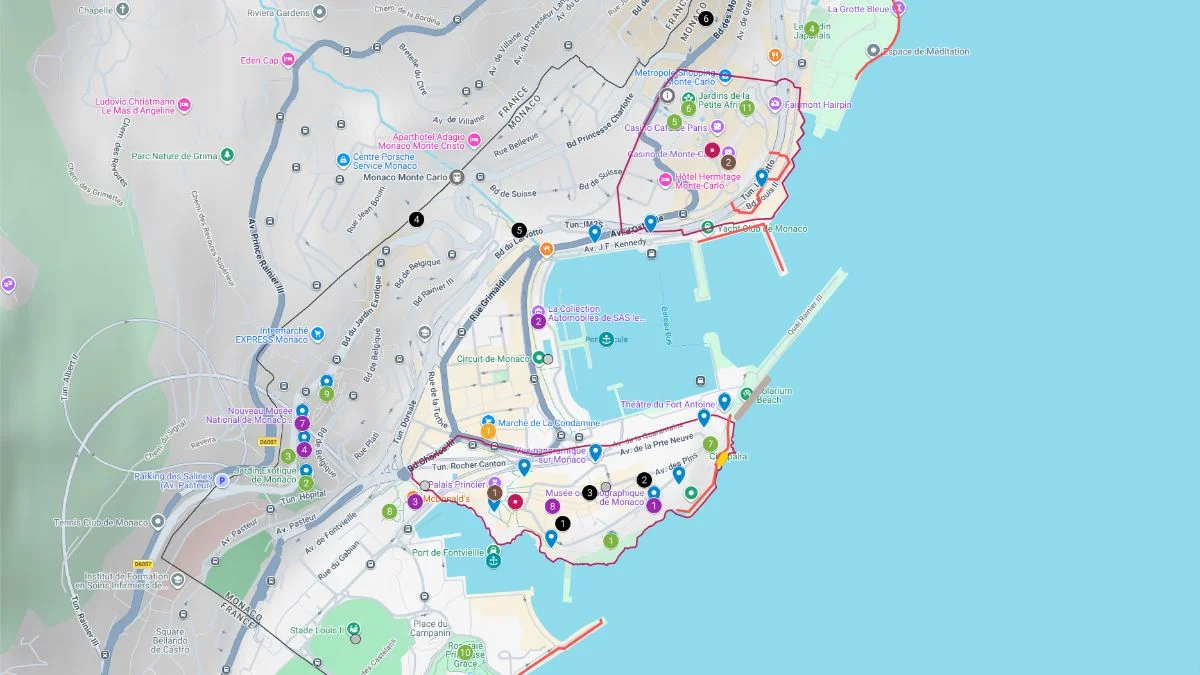 Monaco tourist map showing routes across Monte Carlo, the harbor, and Monaco Ville with stops near the casino, palace, and waterfront areas.