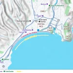 Nice tourist map showing Central Nice. Old Town. Cimiez. Mont Boron. Cap de Nice. the Promenade des Anglais. and a stretch of beaches along the Mediterranean. Landmarks include the Russian Cathedral. Notre Dame Basilica. Matisse and Chagall museums. Villa Masséna. Fine Arts museum. Botanical garden. Phoenix park. Asian Arts museum. Jardin du Monastère. sports area. train stations. and the airport.