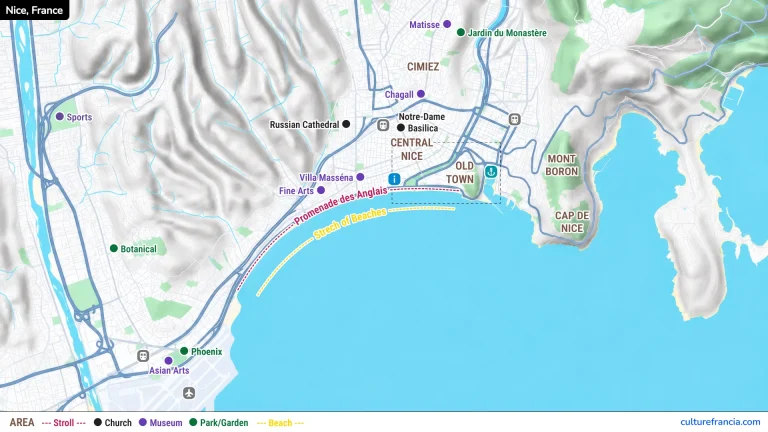 Nice tourist map showing Central Nice. Old Town. Cimiez. Mont Boron. Cap de Nice. the Promenade des Anglais. and a stretch of beaches along the Mediterranean. Landmarks include the Russian Cathedral. Notre Dame Basilica. Matisse and Chagall museums. Villa Masséna. Fine Arts museum. Botanical garden. Phoenix park. Asian Arts museum. Jardin du Monastère. sports area. train stations. and the airport.