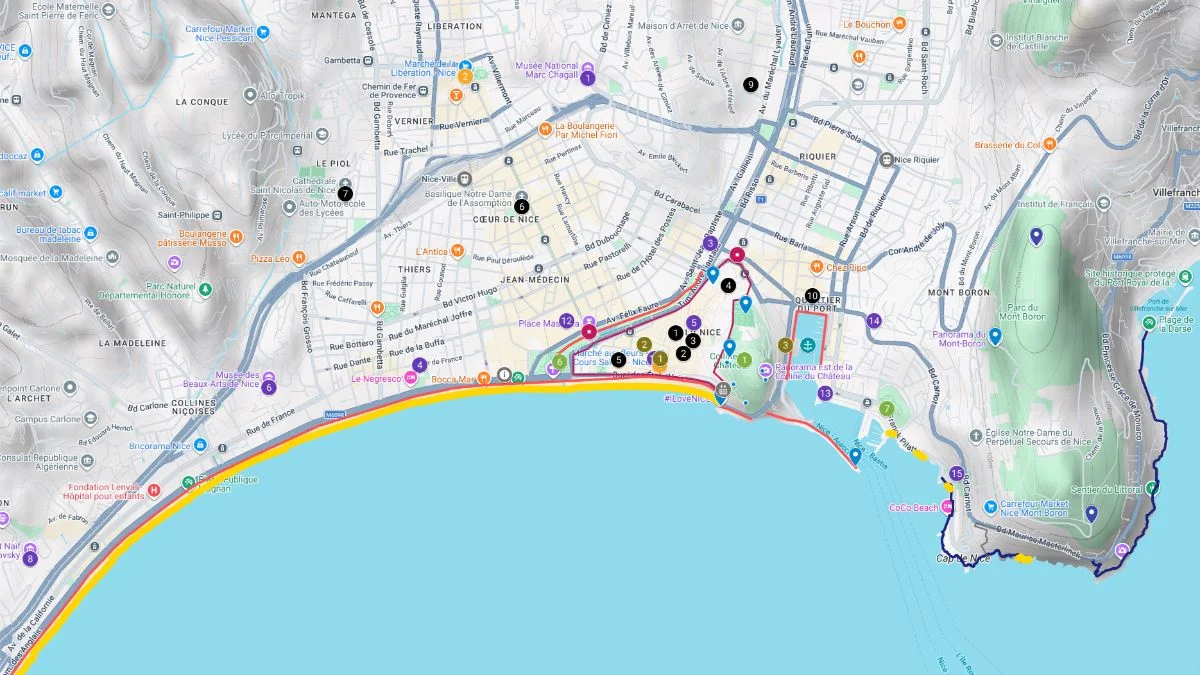 Nice tourist map illustrating a long coastal route along the Promenade des Anglais and into the old town with stops near beaches, markets, and viewpoints.