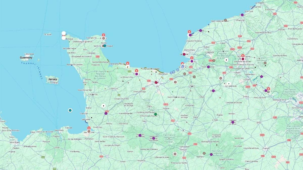 Normandy tourist map covering a wide region with marked locations along the coastline and inland towns including Mont Saint Michel and nearby historic sites.