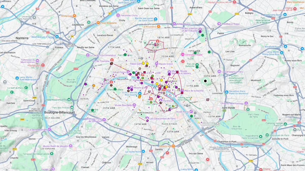 Detailed Paris tourist map showing the city center with color coded markers highlighting major attractions museums landmarks parks and points of interest across the arrondissements. The Paris tourist map also includes surrounding neighborhoods and suburbs to help visitors understand where popular sights are located relative to one another.