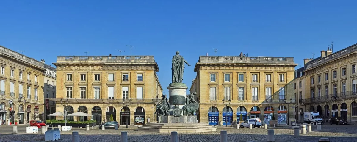 The stately Place Royale in Reims, surrounded by classical French architecture, capturing the elegance and cultural heritage.