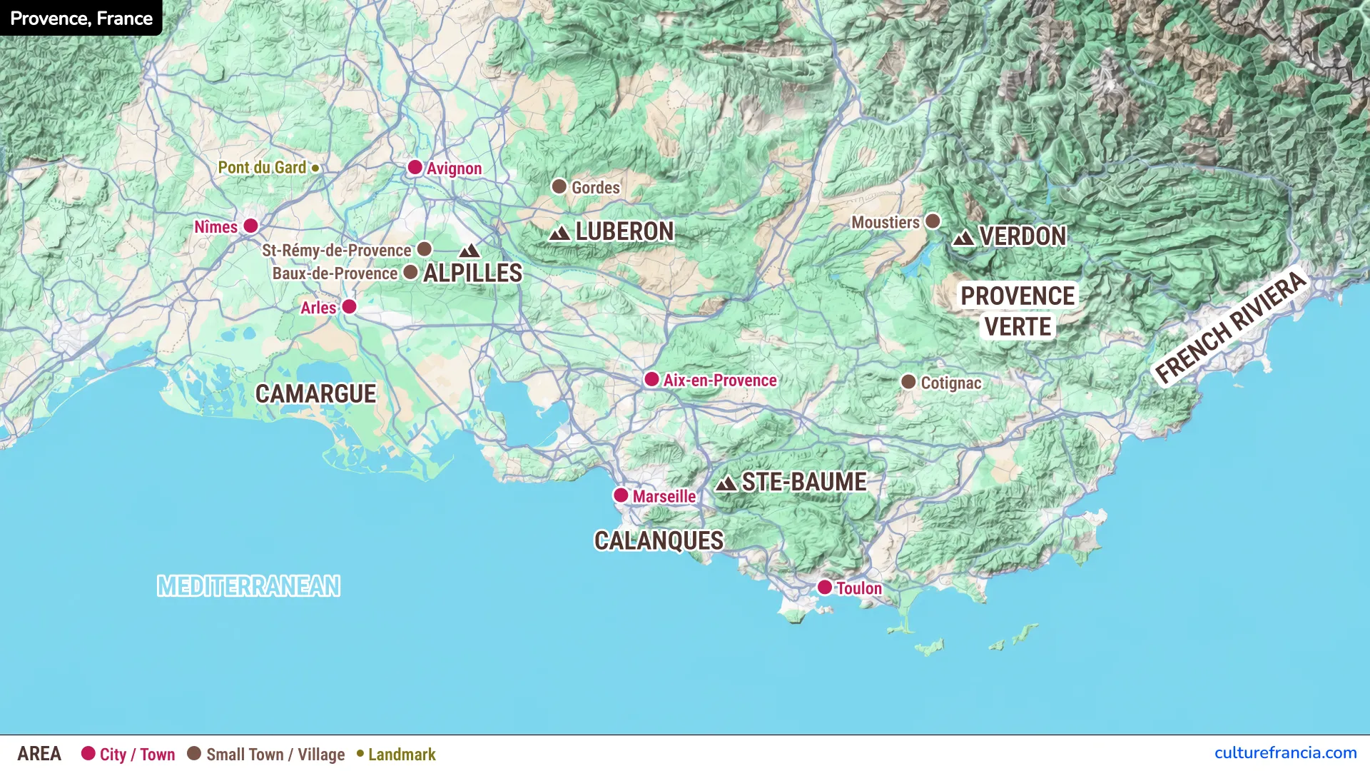 provence tourist map showing major cities and villages including avignon, arles, aix en provence, marseille, nîmes, toulon, gordes, moustiers and cotignac. The color coded map highlights the luberon, alpilles, camargue, verdon, calanques, provence verte and french riviera along the mediterranean coast.