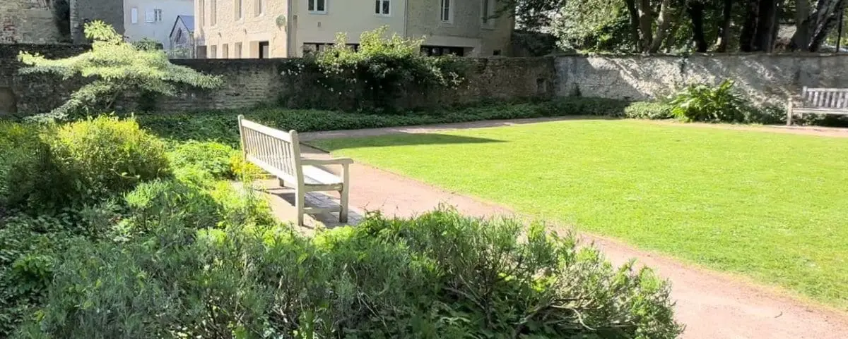 A peaceful garden with green grass, shrubs, and a wooden bench, bordered by a stone wall and nearby buildings.