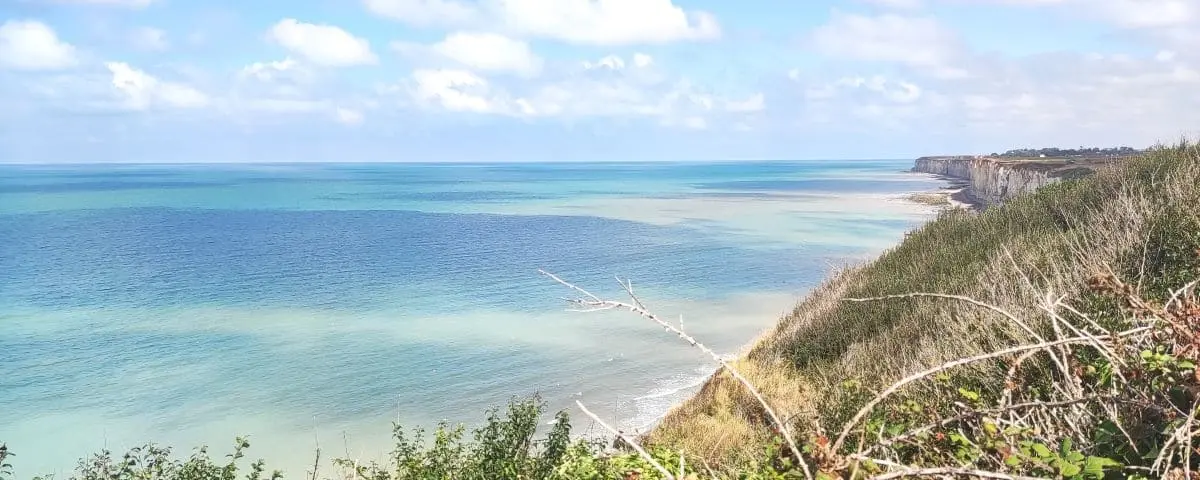 A panoramic view of the sea from a high vantage point, showcasing the turquoise waters and coastal cliffs with greenery in the foreground.