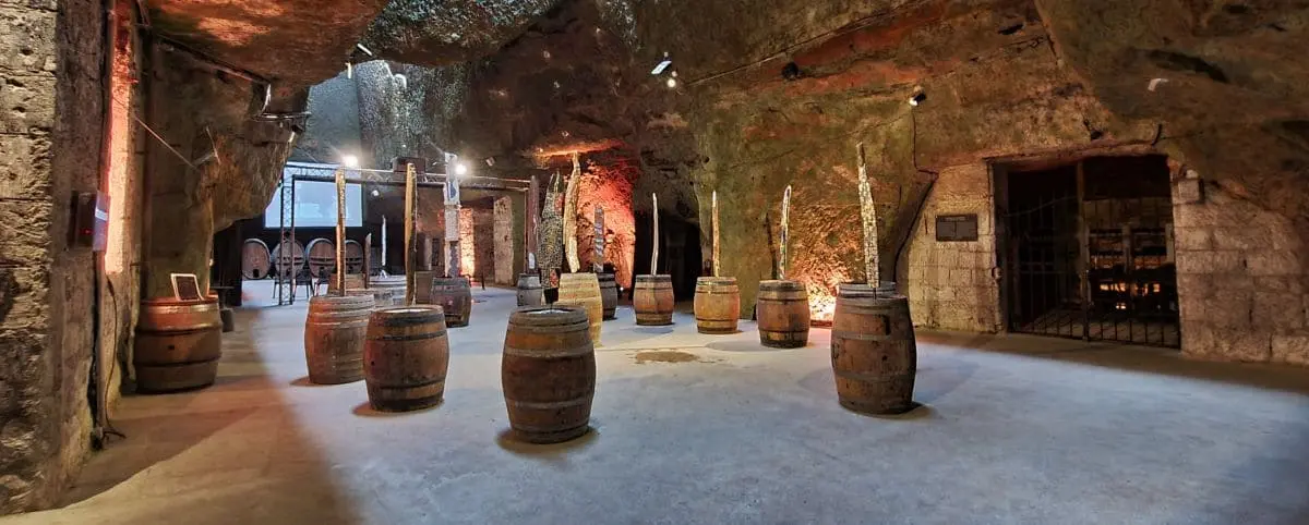 Inside the wine cellars of Saumur, showcasing large wooden barrels and a rustic atmosphere lit by soft, ambient lighting.
